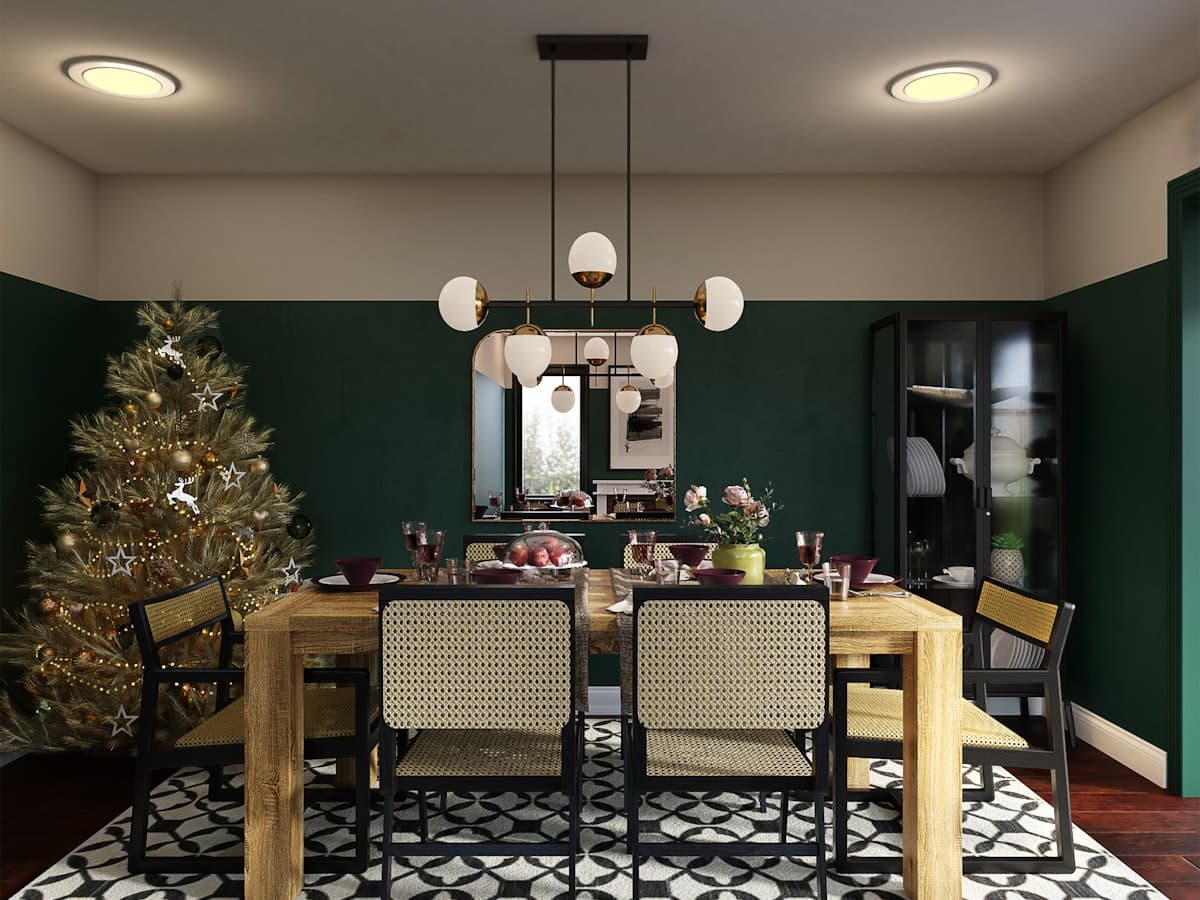 Dining room with a table, chairs pulled out, and space to walk behind them