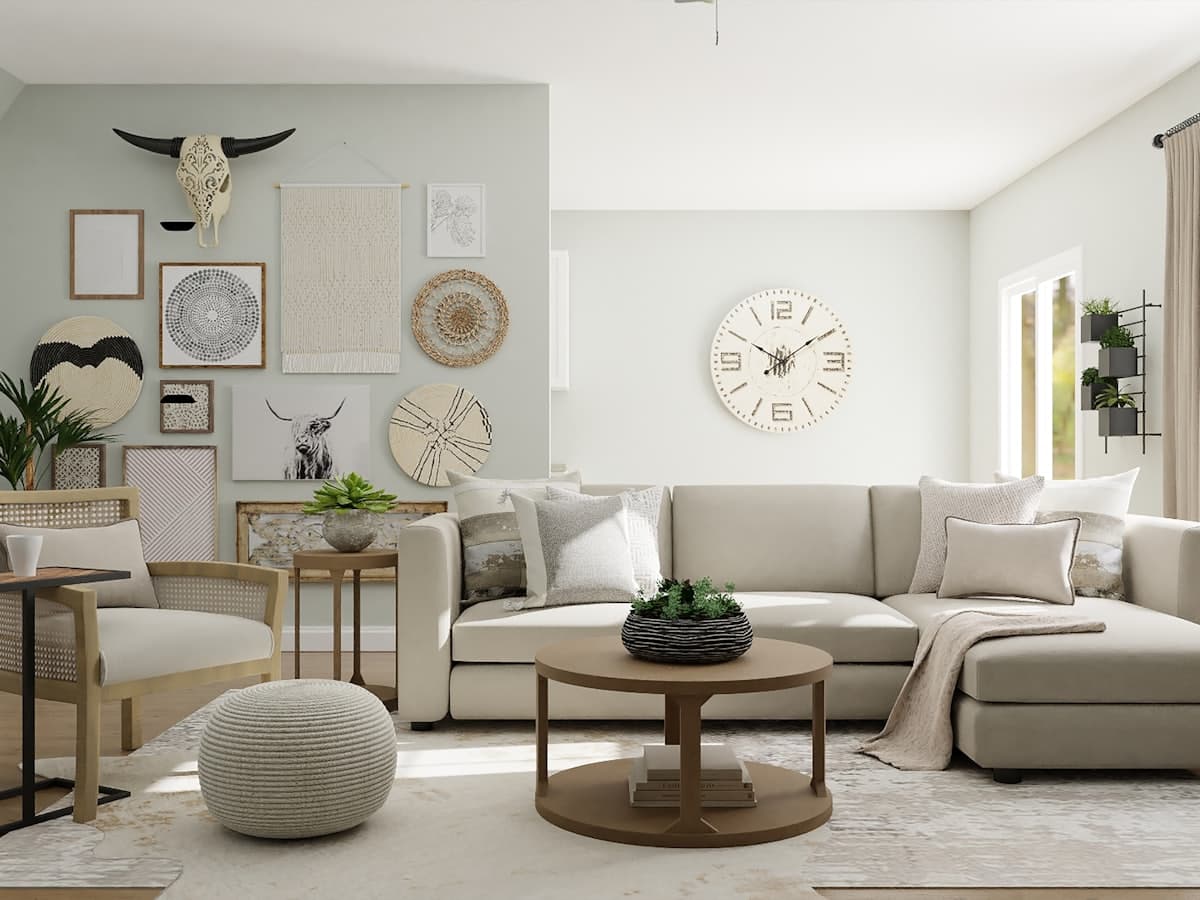 Bright Scandinavian living space with light wood furniture and a pale rug