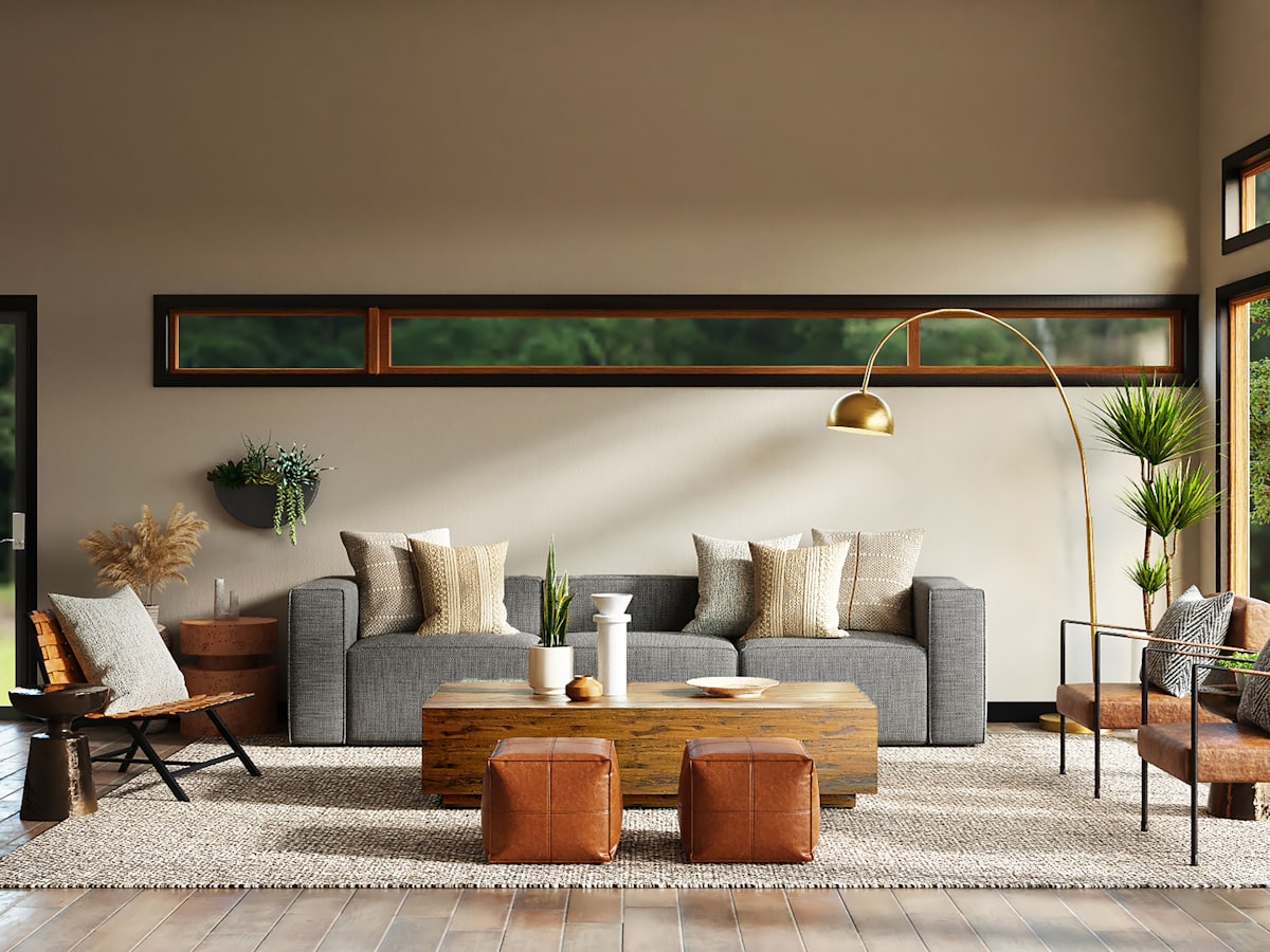 Warm Gulf-inspired seating room with generous sofas and layered textiles