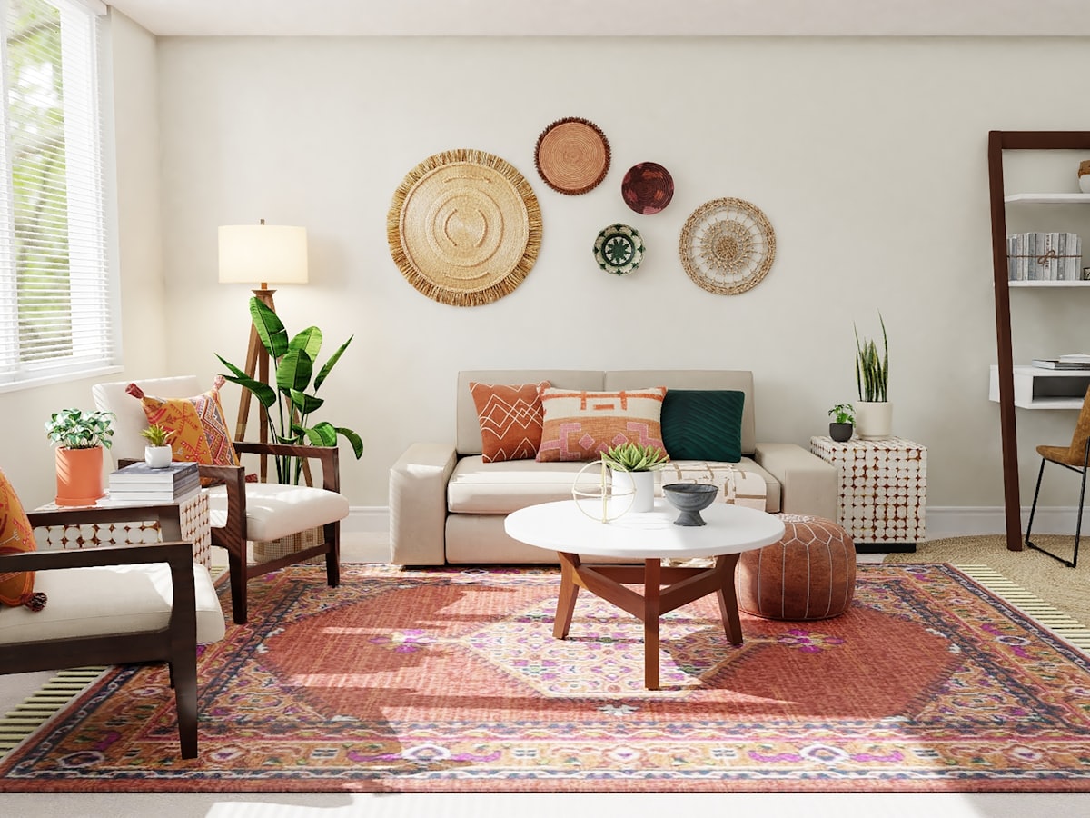 Japandi interior with low wood furniture, linen textiles, and calm negative space