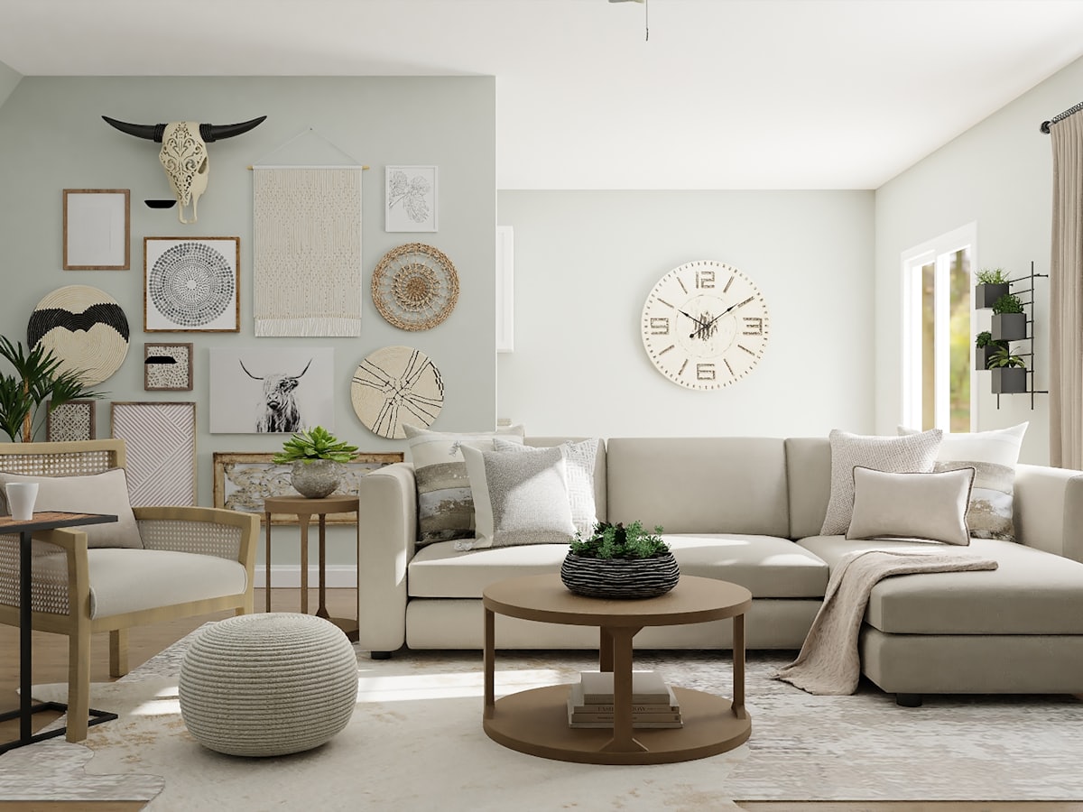 Bright Scandinavian living space with light wood furniture and a pale rug